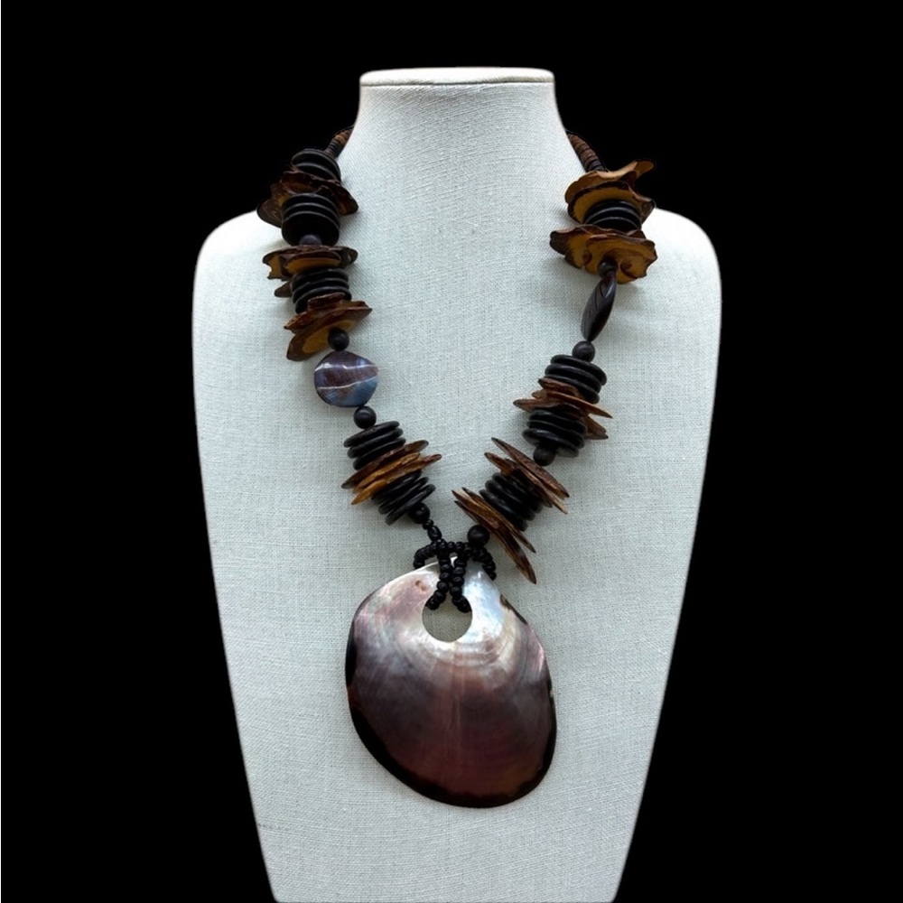 Massive Abalone Shell Pendant And Wooden Beaded N… - image 1